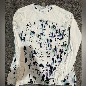 CALIA by Carrie Underwood Long Ruched Striped Sleeve Swim Top medium